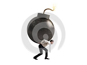Businessman hold a bomb. Concept of difficult career and failure. Isolated on white background