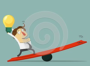 Businessman hold the bulb of idea and stand on the lever. The way to success with his idea. Cartoon character