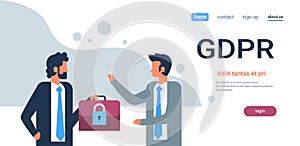 Businessman hold case padlock security GDPR General Data Protection Regulation concept flat horizontal copy space