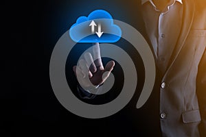 Businessman hold cloud icon.Cloud computing concept - connect smart phone to cloud. computing network information technologist