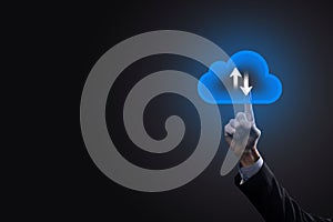 Businessman hold cloud icon.Cloud computing concept - connect smart phone to cloud. computing network information technologist