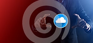 Businessman hold cloud icon.Cloud computing concept - connect smart phone to cloud. computing network information technologist