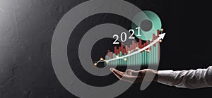 Businessman hold drawing on screen growing graph, arrow of positive growth icon.pointing at creative business chart with upward