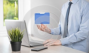 Businessman hold folder icon.Document Management System or DMS setup by IT consultant with modern computer are searching managing