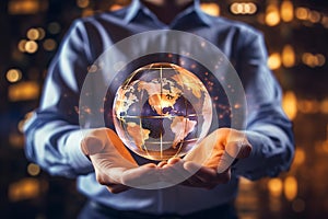 Businessman hold global business globe with network connected to digital marketing strategy and creative solution