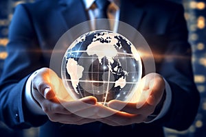 Businessman hold global business globe with network connected to digital marketing strategy and creative solution