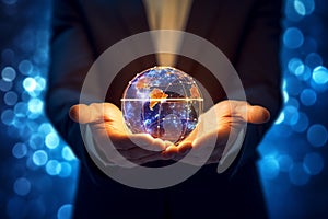 Businessman hold global business globe with network connected to digital marketing strategy and creative solution