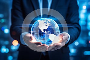 Businessman hold global business globe with network connected to digital marketing strategy and creative solution