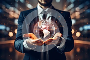 Businessman hold global business globe with network connected to digital marketing strategy and creative solution