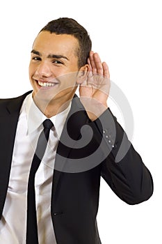 Businessman hold hand near ear