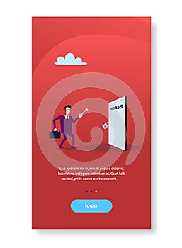 Businessman hold key from success door successful career opportunity concept flat vertical copy space