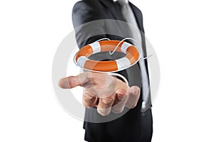 Businessman that hold a lifebelt. Concept of insurance and help in your business