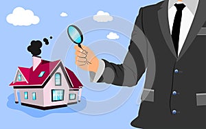 businessman hold Magnifying glass to see House details. Real estate appraisal, home inspection.