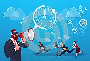 Businessman Hold Megaphone Business People Group Run Clock Businesspeople Time Deadline Concept