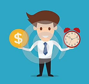 Businessman hold money and clock. Concept