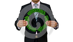 Businessman hold Recycle symbol Green Grass Eco Environment forest Mountain