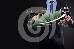 Businessman hold sales data and economic growth graph chart. Business planning and strategy. Analysing trading of exchange.