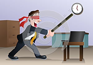 Businessman hold stick try to hit laptop