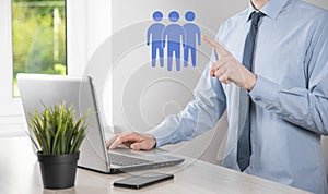 Businessman hold teamwork icon. Building a strong team. people icon. Human resources and management concept. social networking,