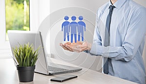 Businessman hold teamwork icon. Building a strong team. people icon. Human resources and management concept. social networking,