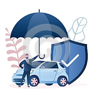 Businessman hold umbrella, modern auto safe shield. Insurance and accident protection concept background