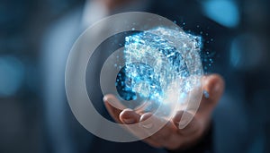 Businessman Holding Abstract Blue Cube Technology