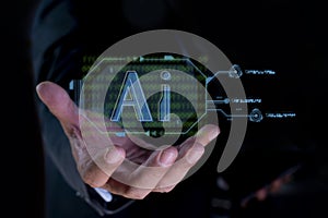 Businessman holding AI. technology smart robot science and artificial intelligence technology, concept of AI technology, smart