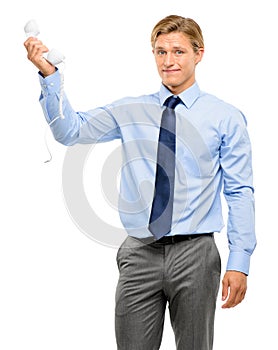 Businessman holding analogue phone isolated on white background