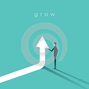 Businessman holding arrow going up vector symbol. Business concept of growth, success and achievement.