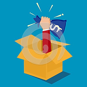 Businessman holding a bag of money raised out of a box. Out of the box finance concepts. vector illustration