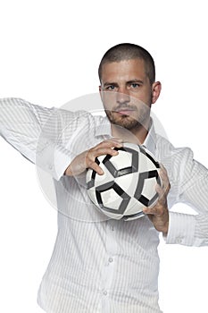 Businessman holding the ball, isolated on the white background