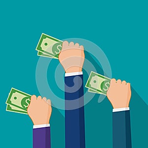 Businessman holding banknotes. Auction concept. vector illustration