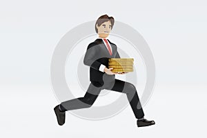 Businessman holding big coin climbing up on bar chart, success business and financial concept, 3D rendering