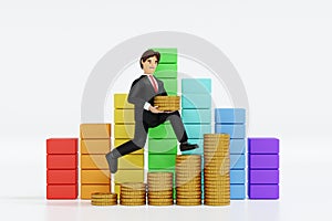 Businessman holding big coin climbing up on bar chart, success business and financial concept, 3D rendering