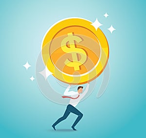 Businessman holding big gold coin. business concept vector illustration