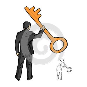 businessman holding big golden key with one hand vector illustration sketch doodle hand drawn with black lines isolated on white