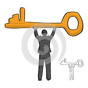 businessman holding big golden key over his head vector illustration sketch doodle hand drawn with black lines isolated on white