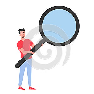 Businessman holding a big magnifier glass. Idea of search