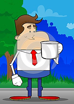 Businessman holding big mug. Professional finance employee