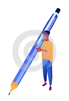 Businessman holding big pen and writing isometric 3D illustration.