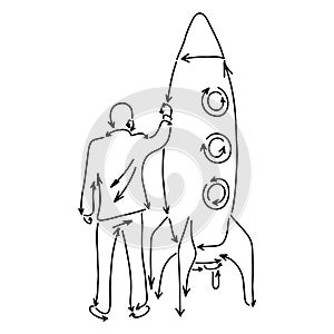 Businessman holding big rocket made from arrows vector illustration sketch doodle hand drawn with black lines isolated on white