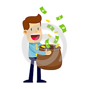 Businessman Holding Big Sack To Catch Money