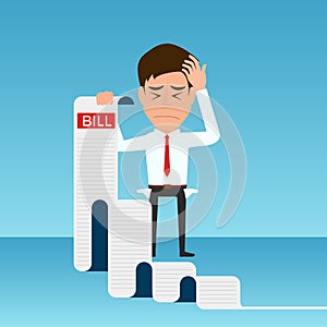 Businessman holding bills feels headache and worried about paying a lot of bills. Businessman no money. debt concept.