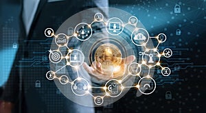 Businessman holding bitcion cryptocurrency in hand with icon blockchain network connection