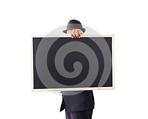 Businessman holding a blackboard.