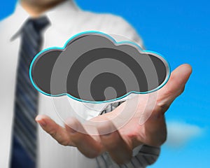 Businessman holding blank black cloud with nature sky background