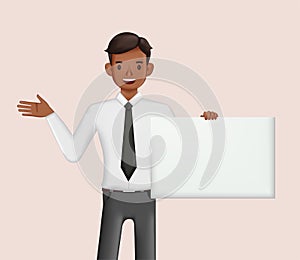 Businessman holding blank sign and presentation character design. 3d vector illustration