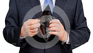 Businessman holding a blank wallet on the white background