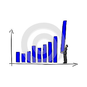 Businessman holding blue bar chart vector illustration sketch do