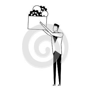 Businessman holding box with bulb lights and gears in black and white
